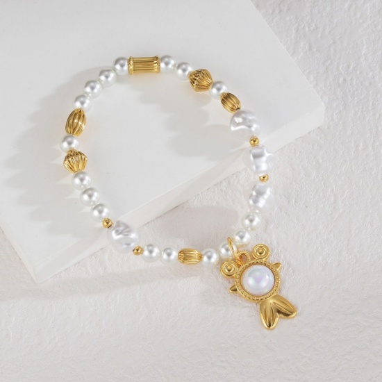 Picture of Wholesale Imitation Pearl 304 Stainless Steel Elastic Beaded Bubble Bracelets, 18K Gold Plated Eco-friendly, Women's Ocean Jewelry Stylish Gift Jewelry Supply, 18cm(7.1") long