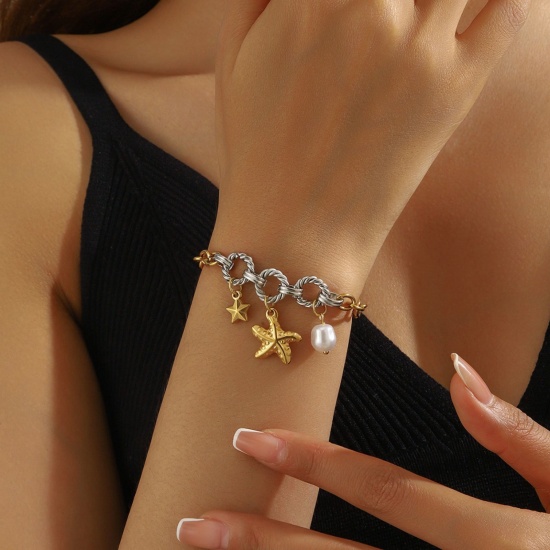 Picture of Wholesale 304 Stainless Steel Charm Bracelets, Silver Tone & 18K Gold Plated Eco-friendly PVD Vacuum Plating, Women's Stylish Gift Jewelry Supply