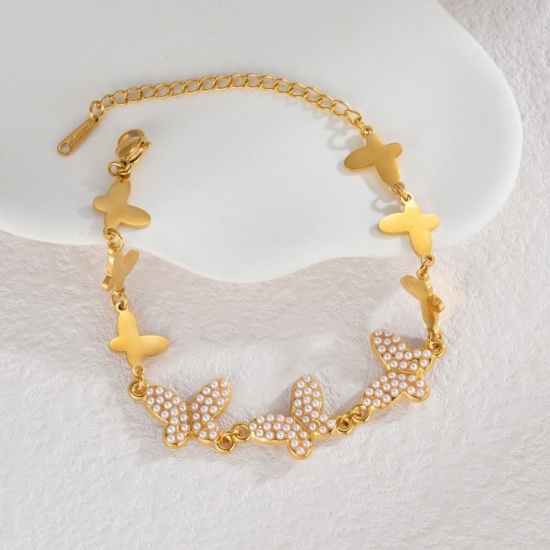 Picture of Wholesale Acrylic Imitation Pearl 304 Stainless Steel Bracelets, 18K Gold Plated Eco-friendly, Women's Simple Stylish Gift Jewelry Supply