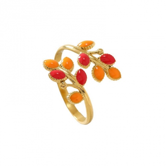 Imagen de Mujeres Regalo Hoja Esmalte Abierto Anillos Al Por Mayor, Chapado en Oro de 18K 304 Acero Inoxidable, Recubrimiento al Vacío PVD Ecológico Exquisito Elegante Suministro de Joyería, 17.5mm (US size 7.25), 1 Unidad