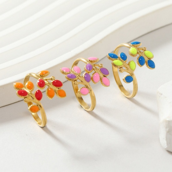 Imagen de Mujeres Regalo Hoja Esmalte Abierto Anillos Al Por Mayor, Chapado en Oro de 18K 304 Acero Inoxidable, Recubrimiento al Vacío PVD Ecológico Exquisito Elegante Suministro de Joyería, 17.5mm (US size 7.25), 1 Unidad
