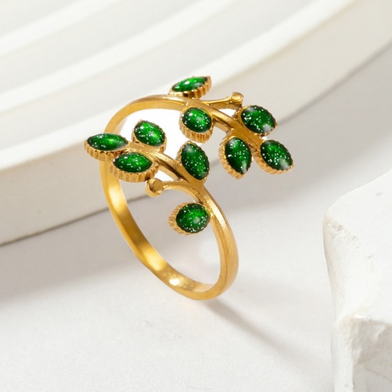 Imagen de Mujeres Regalo Hoja Esmalte Abierto Anillos Al Por Mayor, Chapado en Oro de 18K 304 Acero Inoxidable, Recubrimiento al Vacío PVD Ecológico Exquisito Elegante Suministro de Joyería, 17.5mm (US size 7.25), 1 Unidad