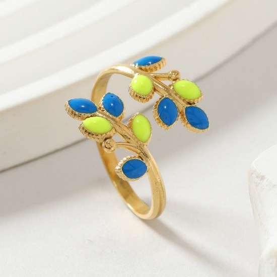 Imagen de Mujeres Regalo Hoja Esmalte Abierto Anillos Al Por Mayor, Chapado en Oro de 18K 304 Acero Inoxidable, Recubrimiento al Vacío PVD Ecológico Exquisito Elegante Suministro de Joyería, 17.5mm (US size 7.25), 1 Unidad