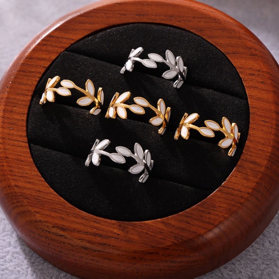 Picture of Wholesale Women's Gift Leaf Enamel Open Adjustable Rings, 18K Gold Plated 304 Stainless Steel, Eco-friendly PVD Vacuum Plating Exquisite Stylish Jewelry Supply, 17.5mm(US size 7.25)