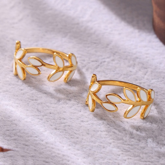 Picture of Wholesale Women's Gift Leaf Enamel Open Adjustable Rings, 18K Gold Plated 304 Stainless Steel, Eco-friendly PVD Vacuum Plating Exquisite Stylish Jewelry Supply, 17.5mm(US size 7.25)