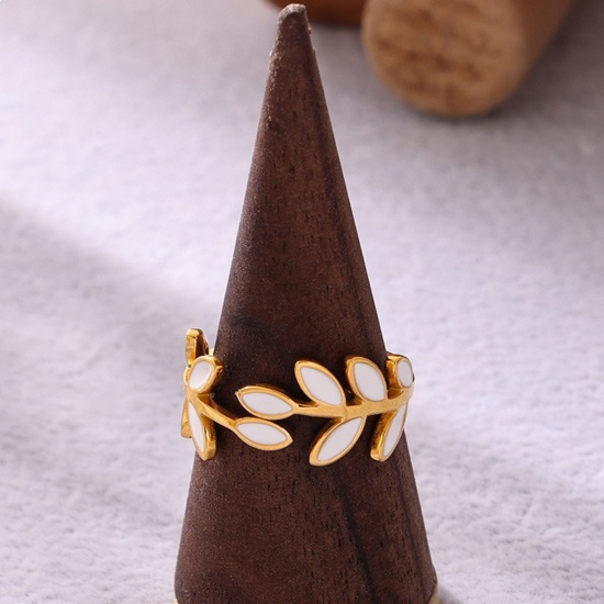 Picture of Wholesale Women's Gift Leaf Enamel Open Adjustable Rings, 18K Gold Plated 304 Stainless Steel, Eco-friendly PVD Vacuum Plating Exquisite Stylish Jewelry Supply, 17.5mm(US size 7.25)
