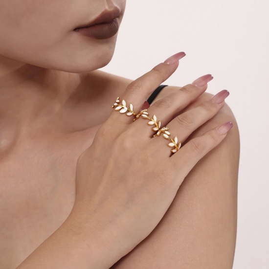 Picture of Wholesale Women's Gift Leaf Enamel Open Adjustable Rings, 18K Gold Plated 304 Stainless Steel, Eco-friendly PVD Vacuum Plating Exquisite Stylish Jewelry Supply, 17.5mm(US size 7.25)