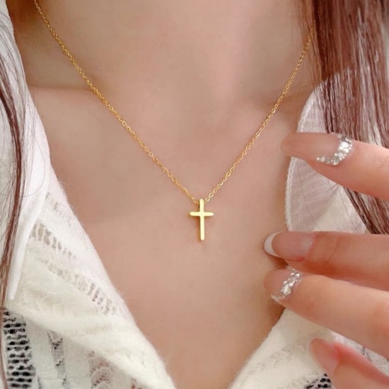 Picture of Wholesale Cross Pendant Charm Necklace, Multicolor 304 Stainless Steel Link Cable Chain, Women's Eco-friendly Religious Retro Gift Jewelry For Retailer, 40cm(15.7") + 5cm(2") long