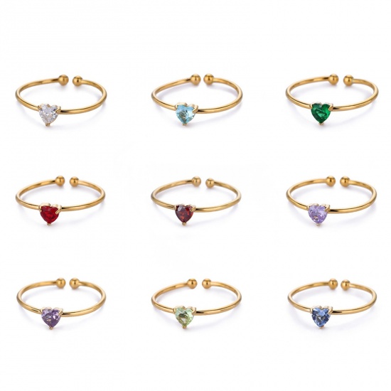 Picture of Wholesale Women's Gift Heart Open Rings, 18K Gold Plated 304 Stainless Steel & Cubic Zirconia, Eco-friendly Valentine's Day Stylish Jewelry Supply