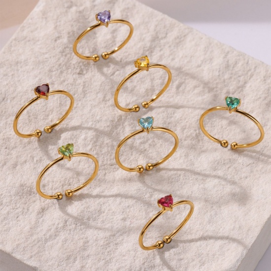 Picture of Wholesale Women's Gift Heart Open Rings, 18K Gold Plated 304 Stainless Steel & Cubic Zirconia, Eco-friendly Valentine's Day Stylish Jewelry Supply