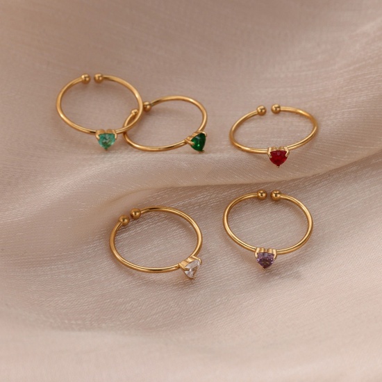 Picture of Wholesale Women's Gift Heart Open Rings, 18K Gold Plated 304 Stainless Steel & Cubic Zirconia, Eco-friendly Valentine's Day Stylish Jewelry Supply