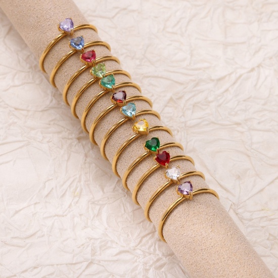 Picture of Wholesale Women's Gift Heart Open Rings, 18K Gold Plated 304 Stainless Steel & Cubic Zirconia, Eco-friendly Valentine's Day Stylish Jewelry Supply
