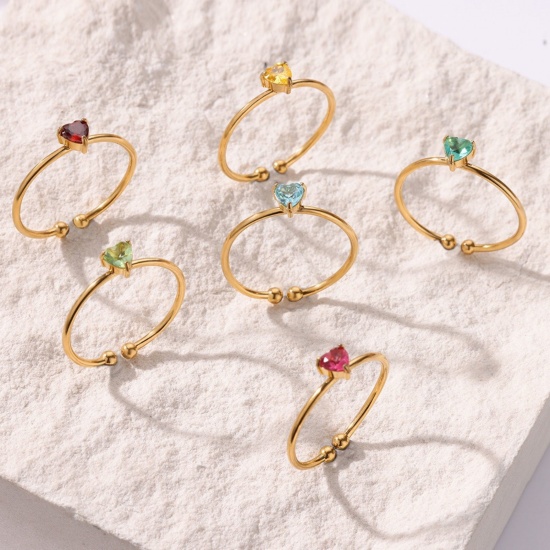 Picture of Wholesale Women's Gift Heart Open Rings, 18K Gold Plated 304 Stainless Steel & Cubic Zirconia, Eco-friendly Valentine's Day Stylish Jewelry Supply