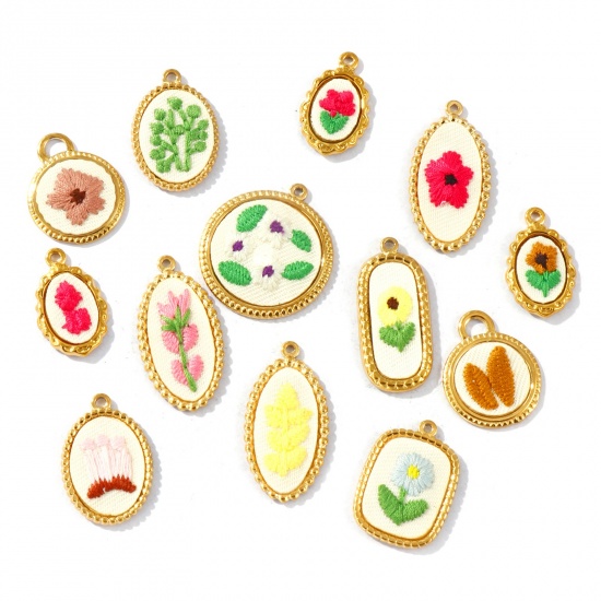 Immagine di 2 Pz PVD Ecologica Anti-Ossidante Ipoallergenico 304 Acciaio Inossidabile Ciondoli All'Ingrosso 18K Vero Oro Placcato Multicolore Geometrica Fiore Fatto Ricamato