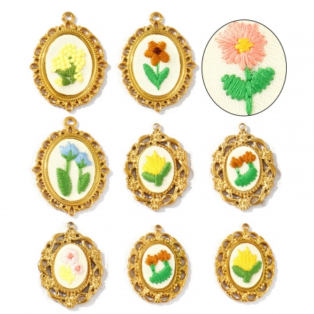 Picture of Eco-friendly PVD Anti-Tarnish Hypoallergenic 304 Stainless Steel Charms Wholesale 18K Real Gold Plated Multicolor Oval Flower Handmade Embroidered