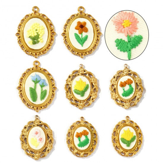 Picture of Eco-friendly PVD Anti-Tarnish Hypoallergenic 304 Stainless Steel Charms Wholesale 18K Real Gold Plated Multicolor Oval Flower Handmade Embroidered