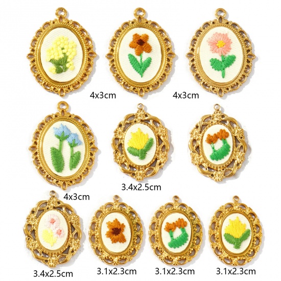 Picture of Eco-friendly PVD Anti-Tarnish Hypoallergenic 304 Stainless Steel Charms Wholesale 18K Real Gold Plated Multicolor Oval Flower Handmade Embroidered