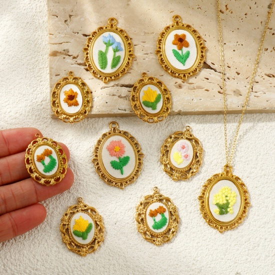 Picture of Eco-friendly PVD Anti-Tarnish Hypoallergenic 304 Stainless Steel Charms Wholesale 18K Real Gold Plated Multicolor Oval Flower Handmade Embroidered