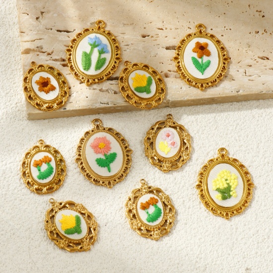 Picture of Eco-friendly PVD Anti-Tarnish Hypoallergenic 304 Stainless Steel Charms Wholesale 18K Real Gold Plated Multicolor Oval Flower Handmade Embroidered