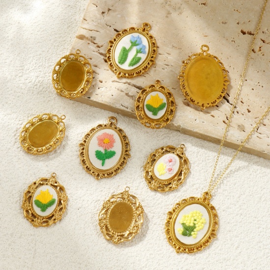 Picture of Eco-friendly PVD Anti-Tarnish Hypoallergenic 304 Stainless Steel Charms Wholesale 18K Real Gold Plated Multicolor Oval Flower Handmade Embroidered