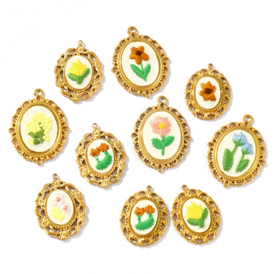 Picture of Eco-friendly PVD Anti-Tarnish Hypoallergenic 304 Stainless Steel Charms Wholesale 18K Real Gold Plated Multicolor Oval Flower Handmade Embroidered