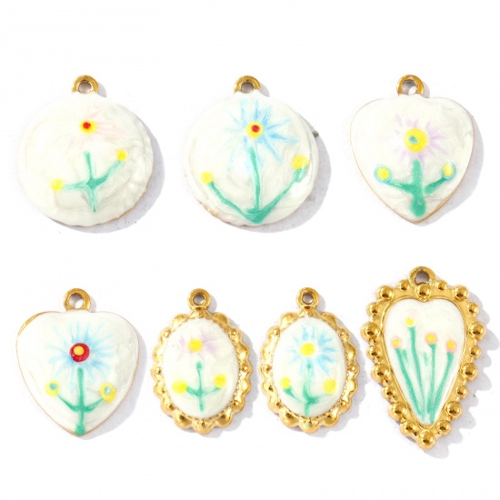 Picture of 2 PCs Eco-friendly PVD Vacuum Plating Waterproof Anti-Tarnish Hypoallergenic 304 Stainless Steel Charms 18K Real Gold Plated Multicolor Enamel Sunflower Pearlized