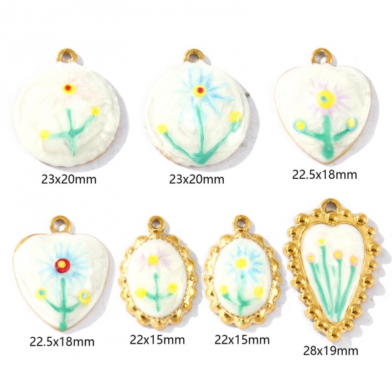 Picture of 2 PCs Eco-friendly PVD Vacuum Plating Waterproof Anti-Tarnish Hypoallergenic 304 Stainless Steel Charms 18K Real Gold Plated Multicolor Enamel Sunflower Pearlized