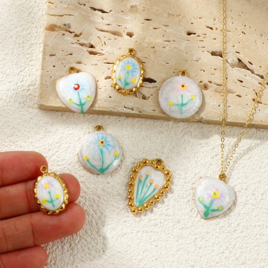 Picture of 2 PCs Eco-friendly PVD Vacuum Plating Waterproof Anti-Tarnish Hypoallergenic 304 Stainless Steel Charms 18K Real Gold Plated Multicolor Enamel Sunflower Pearlized