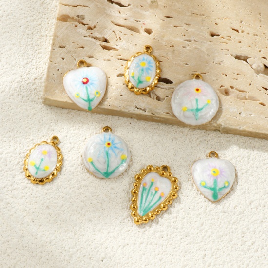 Picture of 2 PCs Eco-friendly PVD Vacuum Plating Waterproof Anti-Tarnish Hypoallergenic 304 Stainless Steel Charms 18K Real Gold Plated Multicolor Enamel Sunflower Pearlized