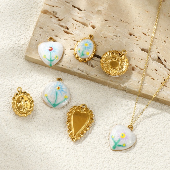 Picture of 2 PCs Eco-friendly PVD Vacuum Plating Waterproof Anti-Tarnish Hypoallergenic 304 Stainless Steel Charms 18K Real Gold Plated Multicolor Enamel Sunflower Pearlized