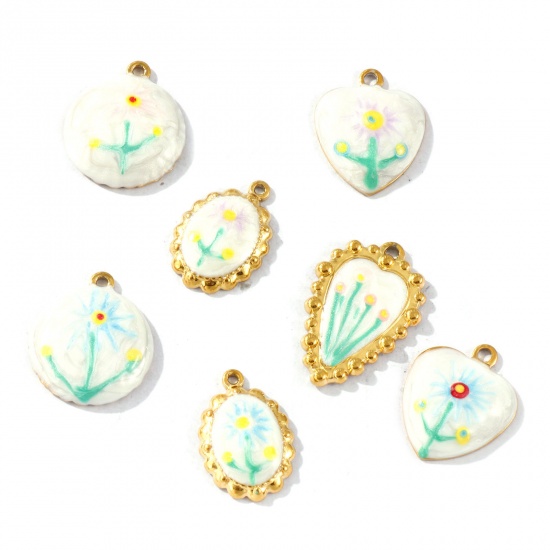 Picture of 2 PCs Eco-friendly PVD Vacuum Plating Waterproof Anti-Tarnish Hypoallergenic 304 Stainless Steel Charms 18K Real Gold Plated Multicolor Enamel Sunflower Pearlized