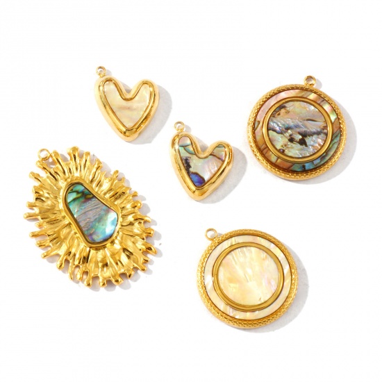 Picture of Eco-friendly PVD Waterproof Anti-Tarnish Hypoallergenic 304 Stainless Steel & Natural Shell Charms Wholesale 18K Real Gold Plated Round Disc Heart