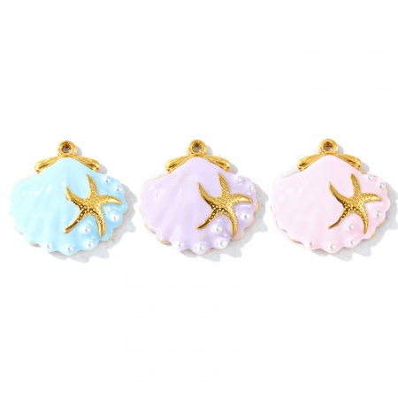 Immagine di 2 Pz PVD Ecologica Impermeabile Anti-Ossidante Ipoallergenico 304 Acciaio Inossidabile Gioielli Oceanici Ciondoli All'Ingrosso 18K Vero Oro Placcato Multicolore Smalto Conchiglia Perla Imitato Acrilico 21mm x 20mm