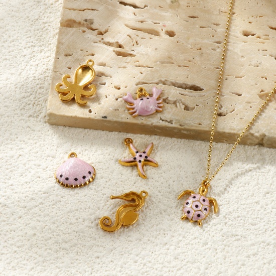 Picture of 5 PCs Eco-friendly PVD Waterproof Anti-Tarnish Hypoallergenic 304 Stainless Steel Ocean Jewelry Charms Wholesale 18K Real Gold Plated Pink Enamel Marine Animal Pearlized