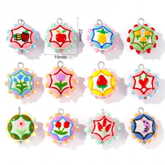 Picture of Eco-friendly 304 Stainless Steel & Resin Charms Wholesale Silver Tone Multicolor Enamel Flower 22mm x 19mm