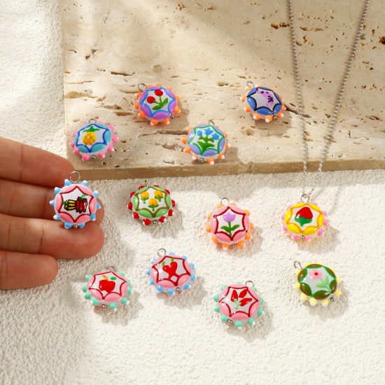 Picture of Eco-friendly 304 Stainless Steel & Resin Charms Wholesale Silver Tone Multicolor Enamel Flower 22mm x 19mm