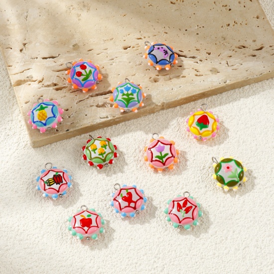 Picture of Eco-friendly 304 Stainless Steel & Resin Charms Wholesale Silver Tone Multicolor Enamel Flower 22mm x 19mm