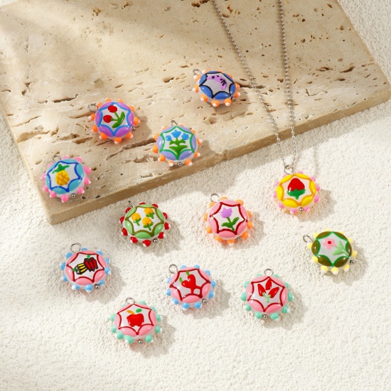 Picture of Eco-friendly 304 Stainless Steel & Resin Charms Wholesale Silver Tone Multicolor Enamel Flower 22mm x 19mm