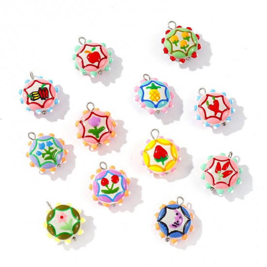 Picture of Eco-friendly 304 Stainless Steel & Resin Charms Wholesale Silver Tone Multicolor Enamel Flower 22mm x 19mm