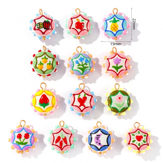 Picture of Eco-friendly PVD Waterproof Anti-Tarnish Hypoallergenic 304 Stainless Steel & Resin Charms Wholesale 18K Real Gold Plated Multicolor Enamel Flower 22mm x 19mm