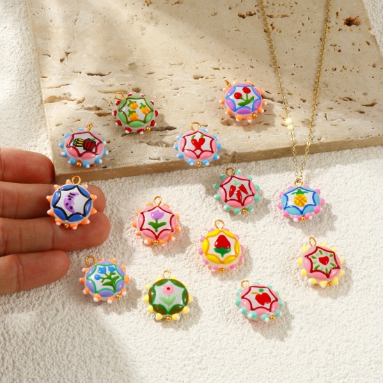 Picture of Eco-friendly PVD Waterproof Anti-Tarnish Hypoallergenic 304 Stainless Steel & Resin Charms Wholesale 18K Real Gold Plated Multicolor Enamel Flower 22mm x 19mm