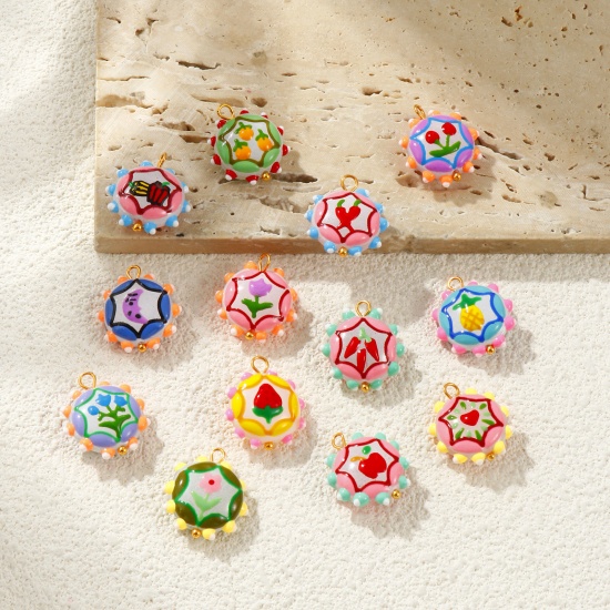 Picture of Eco-friendly PVD Waterproof Anti-Tarnish Hypoallergenic 304 Stainless Steel & Resin Charms Wholesale 18K Real Gold Plated Multicolor Enamel Flower 22mm x 19mm