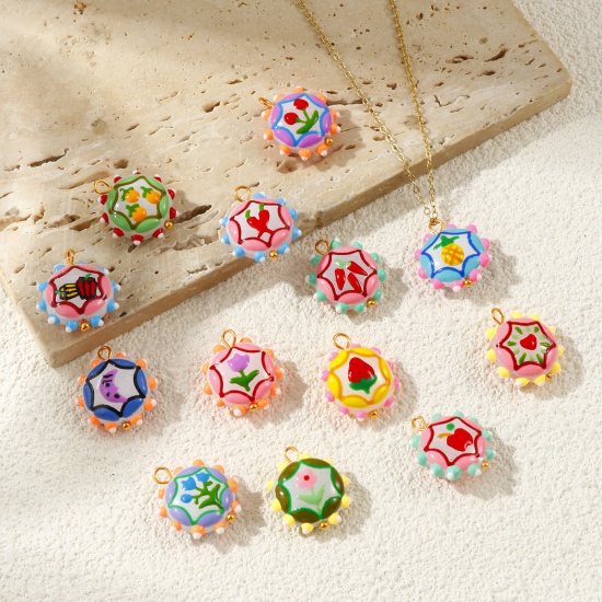 Picture of Eco-friendly PVD Waterproof Anti-Tarnish Hypoallergenic 304 Stainless Steel & Resin Charms Wholesale 18K Real Gold Plated Multicolor Enamel Flower 22mm x 19mm