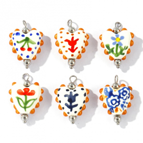 Picture of Eco-friendly 304 Stainless Steel & Resin Valentine's Day Charms Wholesale Silver Tone Multicolor Enamel Heart Painted 25mm x 17mm