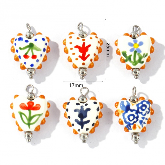 Picture of Eco-friendly 304 Stainless Steel & Resin Valentine's Day Charms Wholesale Silver Tone Multicolor Enamel Heart Painted 25mm x 17mm