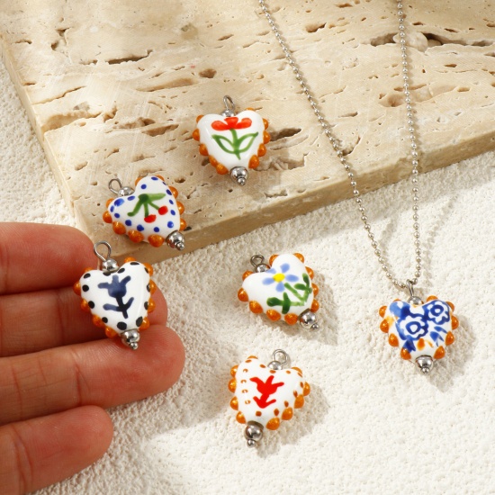 Picture of Eco-friendly 304 Stainless Steel & Resin Valentine's Day Charms Wholesale Silver Tone Multicolor Enamel Heart Painted 25mm x 17mm