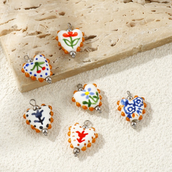 Picture of Eco-friendly 304 Stainless Steel & Resin Valentine's Day Charms Wholesale Silver Tone Multicolor Enamel Heart Painted 25mm x 17mm