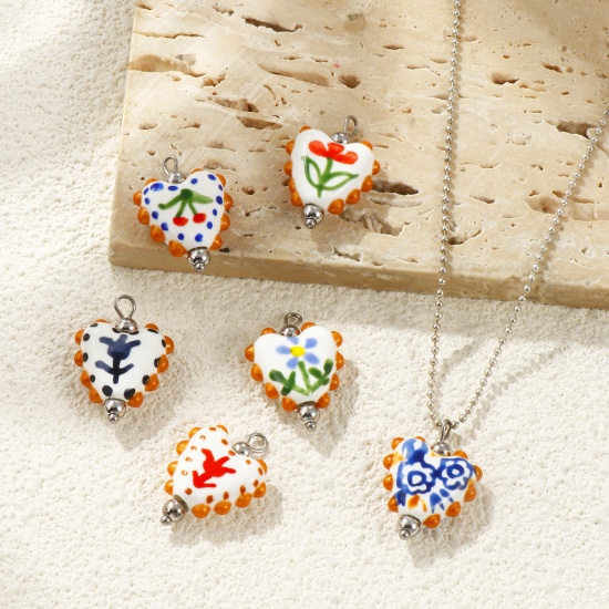 Picture of Eco-friendly 304 Stainless Steel & Resin Valentine's Day Charms Wholesale Silver Tone Multicolor Enamel Heart Painted 25mm x 17mm