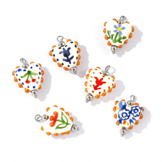 Picture of Eco-friendly 304 Stainless Steel & Resin Valentine's Day Charms Wholesale Silver Tone Multicolor Enamel Heart Painted 25mm x 17mm