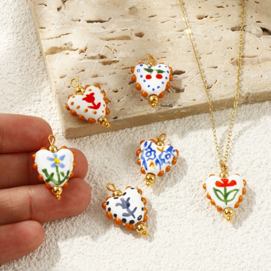 Imagen de 2 Unidades PVD Ecológico Impermeable Antioxidante Hipoalergénico 304 Acero Inoxidable & Resina día de San Valentín Colgantes Al Por Mayor 18K Oro Real Chapado Multicolor Esmalte Corazón Pintado 25mm x 17mm